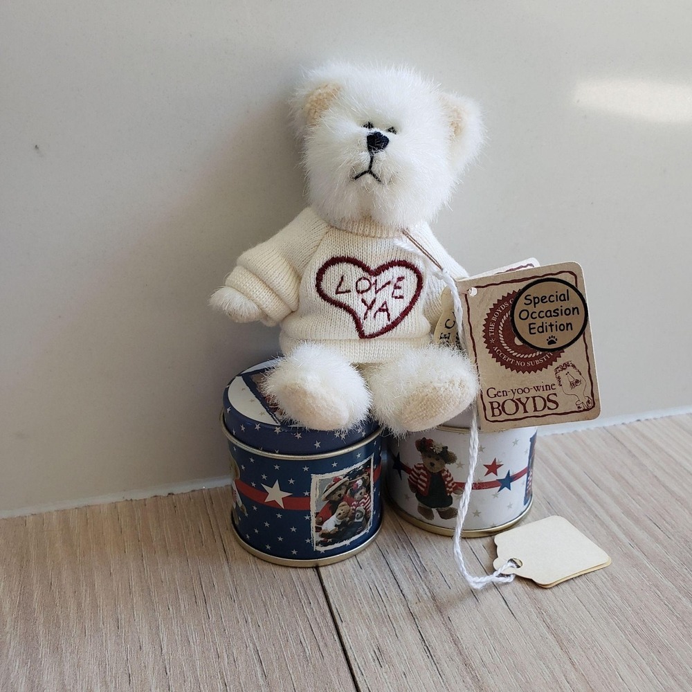 Vintage Boyds Duzzy‎ Loveya Mini White Plush Bear Special Occasion W Candle Tins